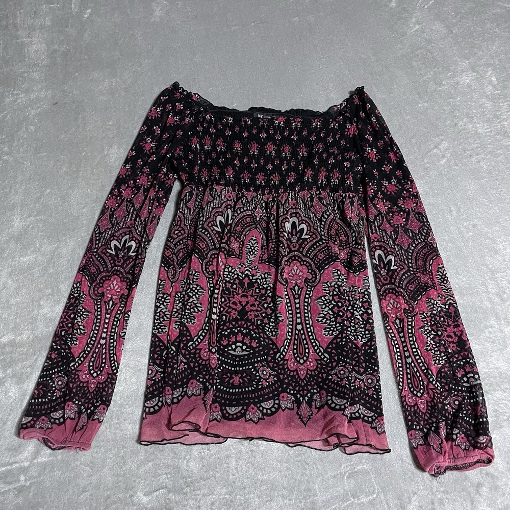 Womens Medium Babydoll Top‎ Fairy Grunge Smocked Sheer Paisley Whimsigoth Gypsy